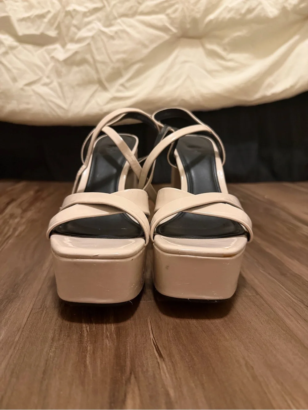 Zara Cream Patent Platform Block Heel Sandals